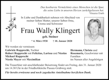 Traueranzeige von Wally Klingert von Fränkische Nachrichten