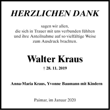 Traueranzeige von Walter Kraus von Fränkische Nachrichten