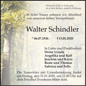 Traueranzeige von Walter Schindler von Mannheimer Morgen