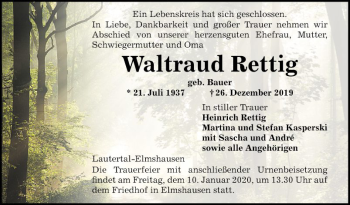 Traueranzeige von Waltraud Rettig von Bergsträßer Anzeiger