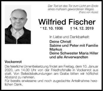 Traueranzeige von Wilfried Fischer von Fränkische Nachrichten