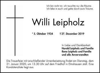 Traueranzeige von Willi Leipholz von Bergsträßer Anzeiger