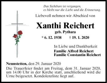 Traueranzeige von Xanthi Reichert von Fränkische Nachrichten