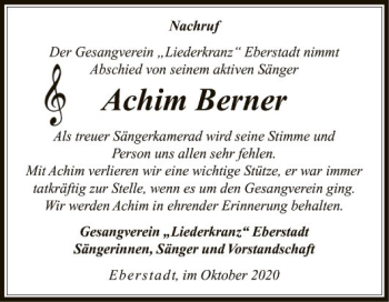 Traueranzeige von Achim Berner von Fränkische Nachrichten