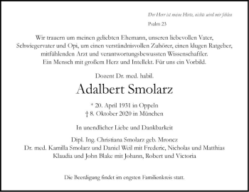 Traueranzeige von Adalbert Smolarz von Mannheimer Morgen