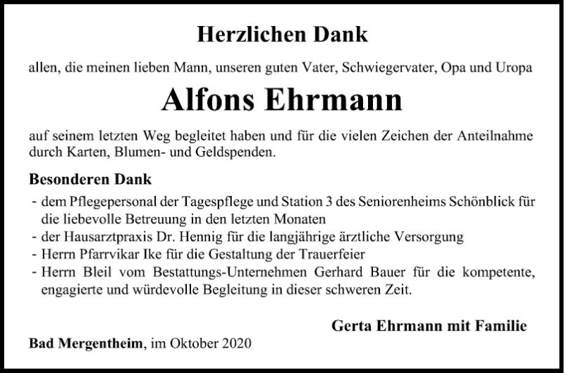  Traueranzeige für Alfons Ehrmann vom 09.10.2020 aus Fränkische Nachrichten