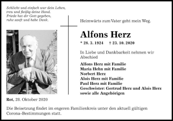 Traueranzeige von Alfons Herz von Fränkische Nachrichten