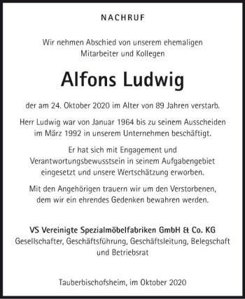 Traueranzeige von Alfons Ludwig von Fränkische Nachrichten