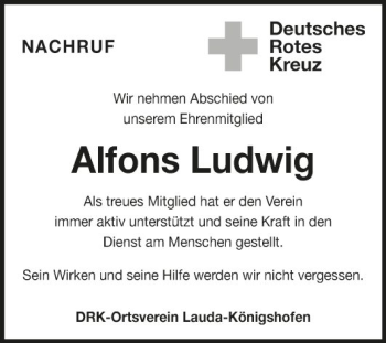 Traueranzeige von Alfons Ludwig von Fränkische Nachrichten