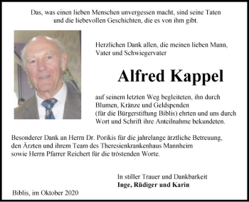 Traueranzeige von Alfred Kappel von Südhessen Morgen