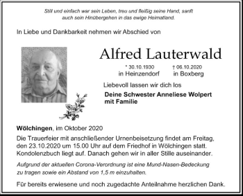 Traueranzeige von Alfred Lauterwald von Fränkische Nachrichten