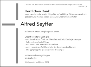 Traueranzeige von Alfred Seyffer von Fränkische Nachrichten