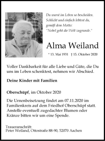 Traueranzeige von Alma Weiland von Fränkische Nachrichten