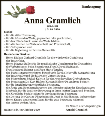 Traueranzeige von Anna Gramlich von Fränkische Nachrichten