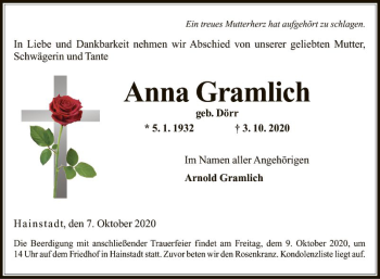 Traueranzeige von Anna Gramlich von Fränkische Nachrichten