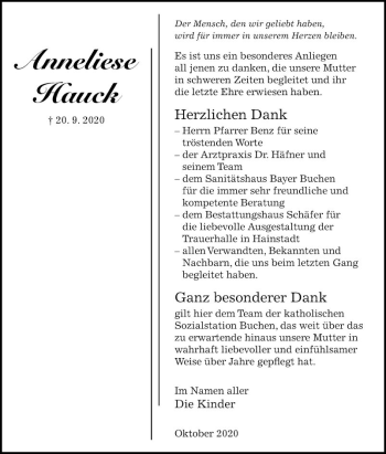 Traueranzeige von Anneliese Hauck von Fränkische Nachrichten