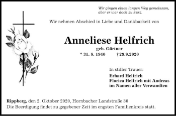 Traueranzeige von Anneliese Helfrich von Fränkische Nachrichten