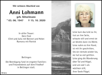 Traueranzeige von Anni Lohmann von Fränkische Nachrichten