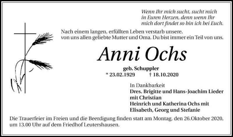  Traueranzeige für Anni Ochs vom 21.10.2020 aus Mannheimer Morgen