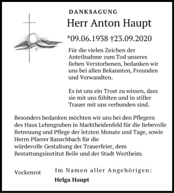 Traueranzeige von Anton Haupt von Fränkische Nachrichten