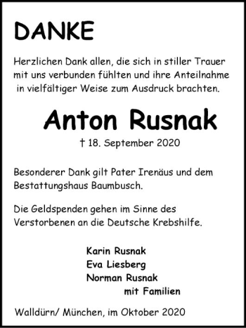 Traueranzeige von Anton Rusnak von Fränkische Nachrichten