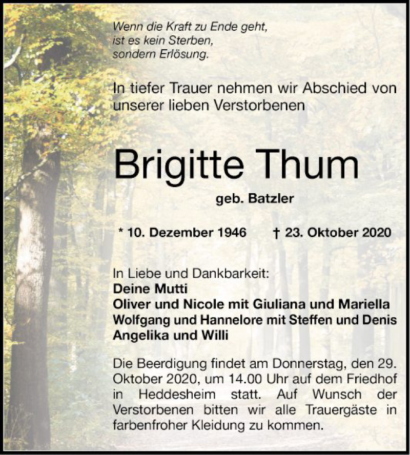  Traueranzeige für Brigitte Thum vom 27.10.2020 aus Mannheimer Morgen