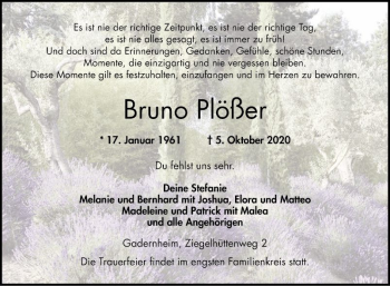 Traueranzeige von Bruno Plößer von Bergsträßer Anzeiger