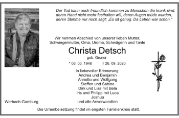 Traueranzeige von Christa Detsch von Fränkische Nachrichten