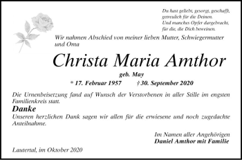Traueranzeige von Christa Maria Amthor von Bergsträßer Anzeiger