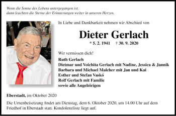 Traueranzeige von Dieter Gerlach von Fränkische Nachrichten