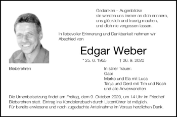 Traueranzeige von Edgar Weber von Fränkische Nachrichten