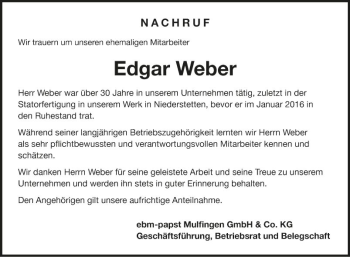 Traueranzeige von Edgar Weber von Fränkische Nachrichten