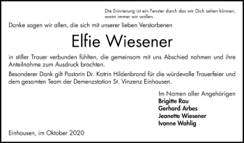 Traueranzeige von Elfie Wiesener von Bergsträßer Anzeiger