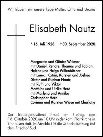 Traueranzeige von Elisabeth Nautz von Bergsträßer Anzeiger