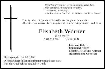 Traueranzeige von Elisabeth Wörner von Fränkische Nachrichten