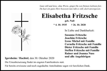 Traueranzeige von Elisabetha Fritzsche von Fränkische Nachrichten