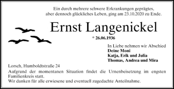 Traueranzeige von Ernst Langenickel von Bergsträßer Anzeiger