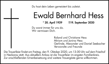 Traueranzeige von Ewald Bernhard Hess von Mannheimer Morgen