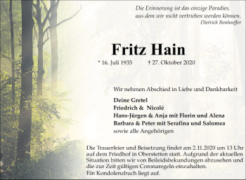 Traueranzeige von Fritz Hain von Fränkische Nachrichten