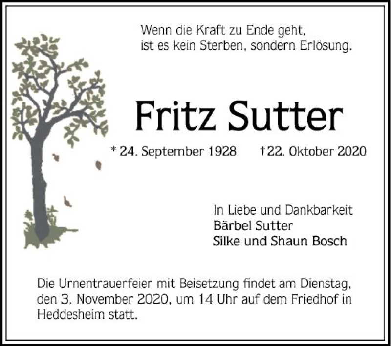  Traueranzeige für Fritz Sutter vom 31.10.2020 aus Mannheimer Morgen
