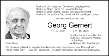 Traueranzeige von Georg Gernert von Fränkische Nachrichten