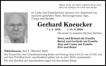 Traueranzeige von Gerhard Kneucker von Fränkische Nachrichten