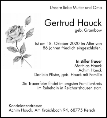 Traueranzeige von Gertrud Hauck von Schwetzinger Zeitung