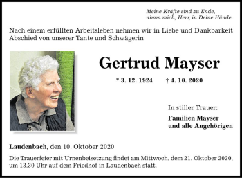 Traueranzeige von Gertrud Mayser von Fränkische Nachrichten