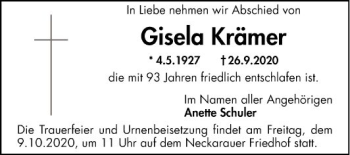 Traueranzeige von Gisela Krämer von Mannheimer Morgen