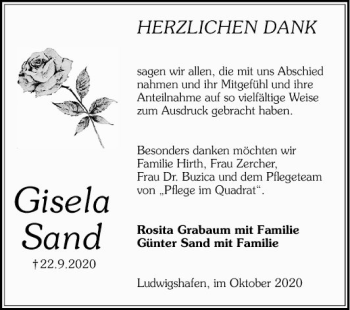 Traueranzeige von Gisela Sand von Mannheimer Morgen