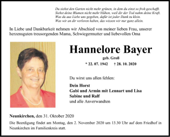 Traueranzeige von Hannelore Bayer von Fränkische Nachrichten