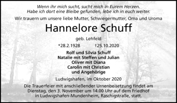 Traueranzeige von Hannelore Schuff von Mannheimer Morgen