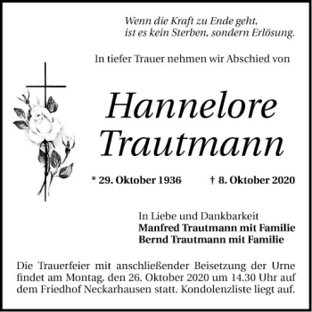 Traueranzeige von Hannelore Trautmann von Mannheimer Morgen