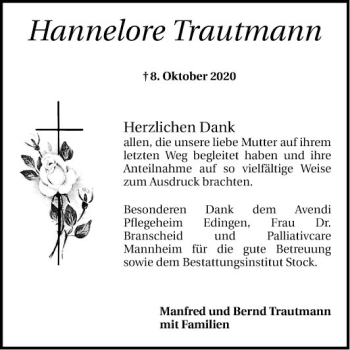 Traueranzeige von Hannelore Trautmann von Mannheimer Morgen